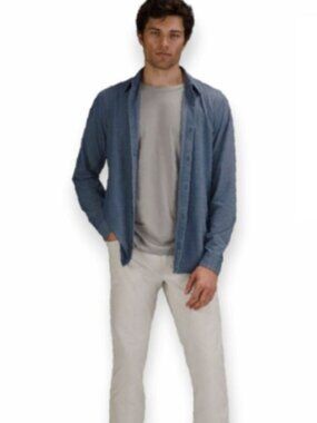 Lululemon Commission Long Sleeve Shirt Blue Chambray Distressed Button Front